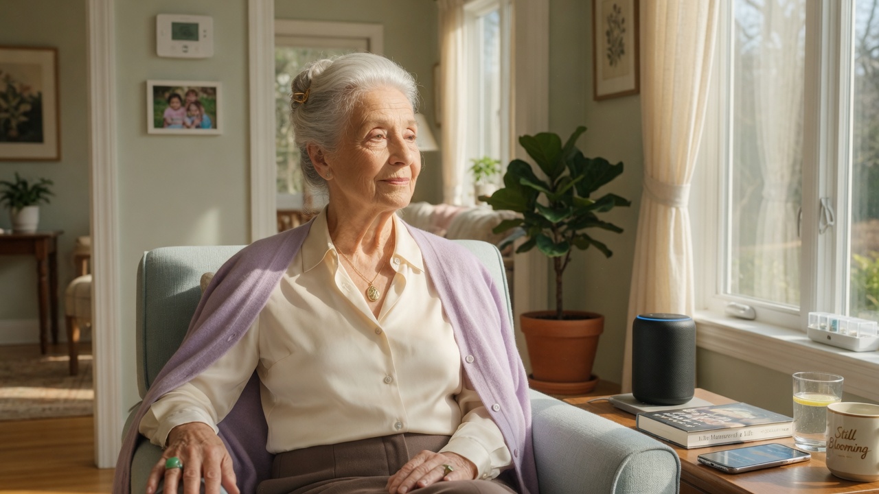 Selbstbestimmte Seniorin im hellen, smart unterstützten Wohnraum